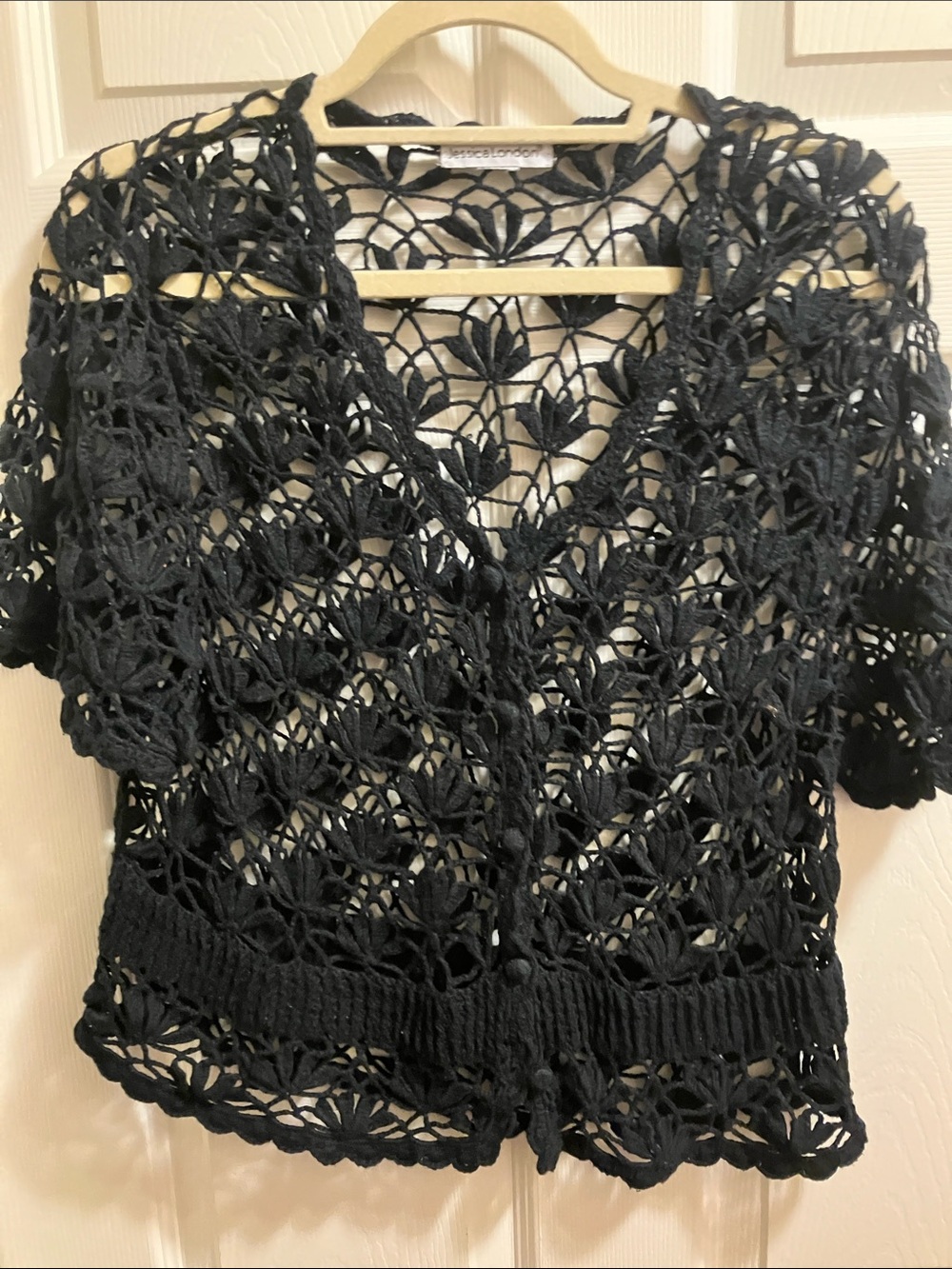Jessica London Black Crochet Openwork Short-Sleeve Cardigan